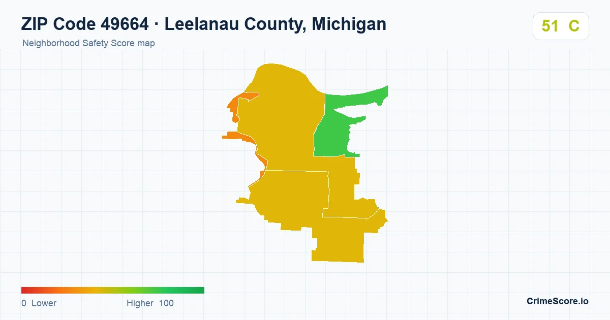 ZIP Code 49664 in Leelanau County, Michigan neighborhood Safety Score map