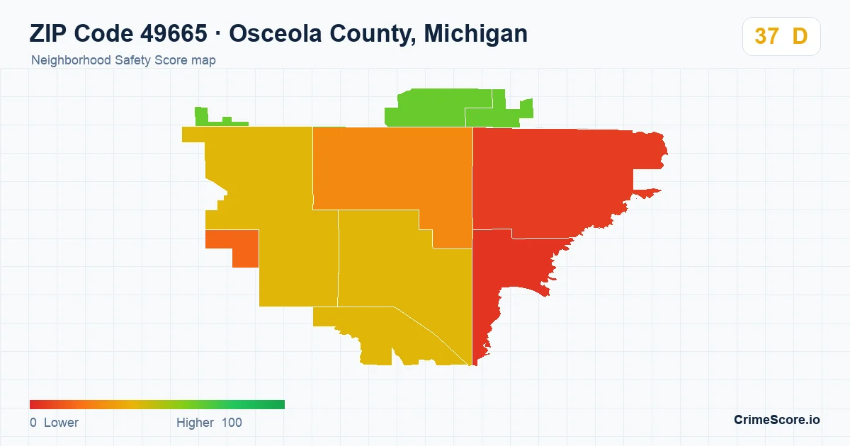 ZIP Code 49665 in Osceola County, Michigan neighborhood Safety Score map