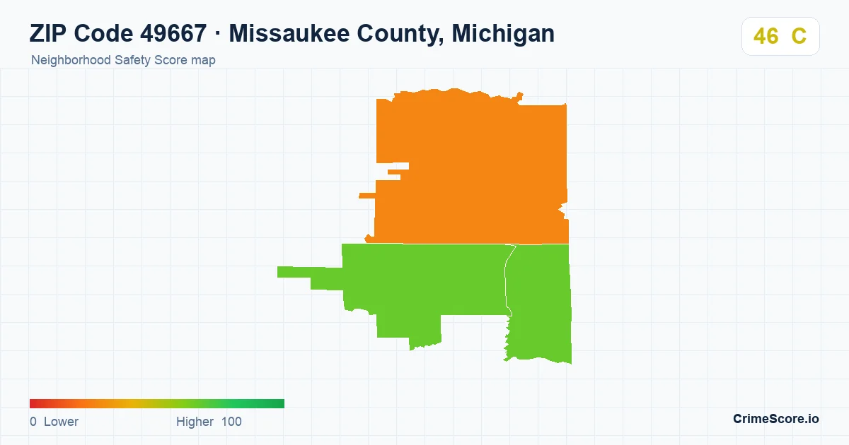 ZIP Code 49667 in Missaukee County, Michigan neighborhood Safety Score map