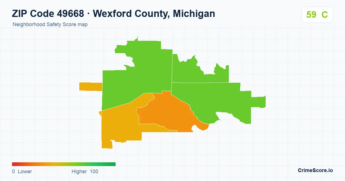ZIP Code 49668 in Wexford County, Michigan neighborhood Safety Score map