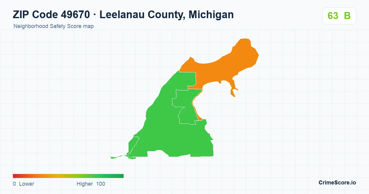 ZIP Code 49670 in Leelanau County, Michigan neighborhood Safety Score map