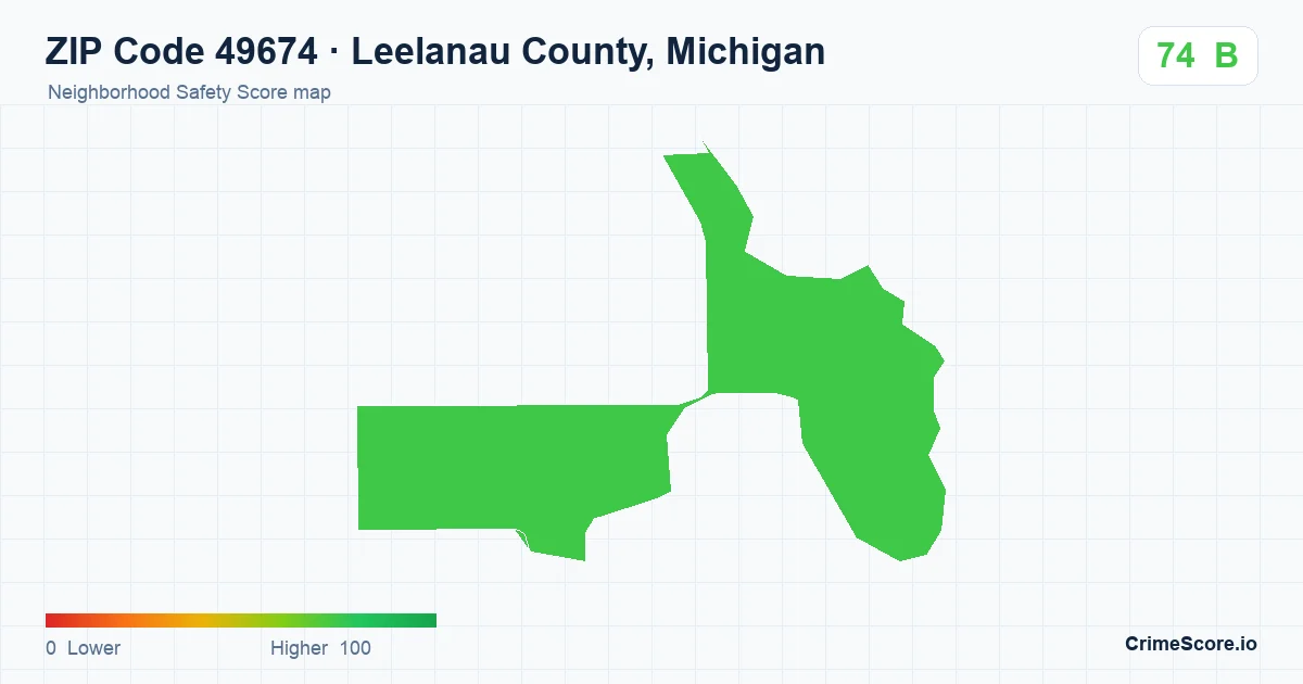 ZIP Code 49674 in Leelanau County, Michigan neighborhood Safety Score map
