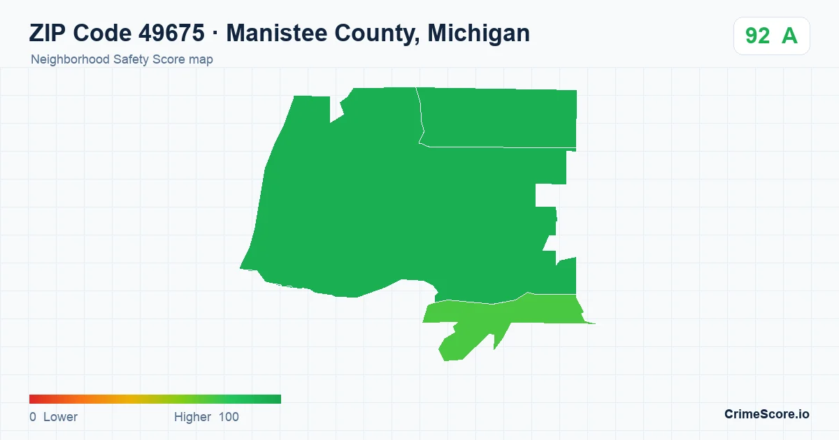 ZIP Code 49675 in Manistee County, Michigan neighborhood Safety Score map