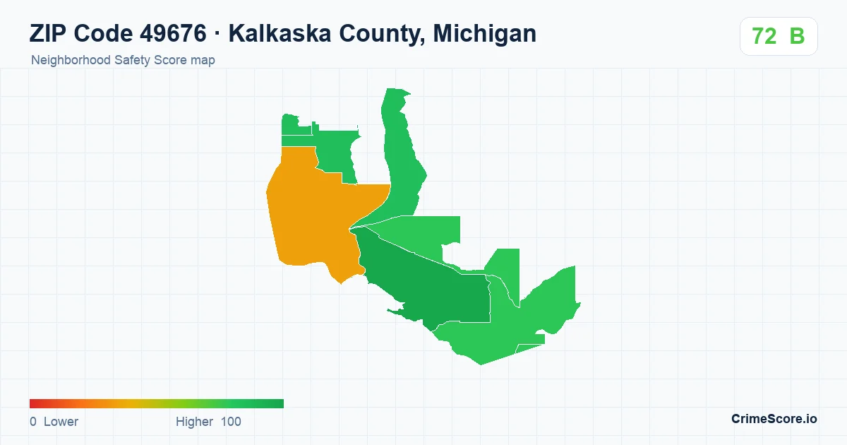 ZIP Code 49676 in Kalkaska County, Michigan neighborhood Safety Score map