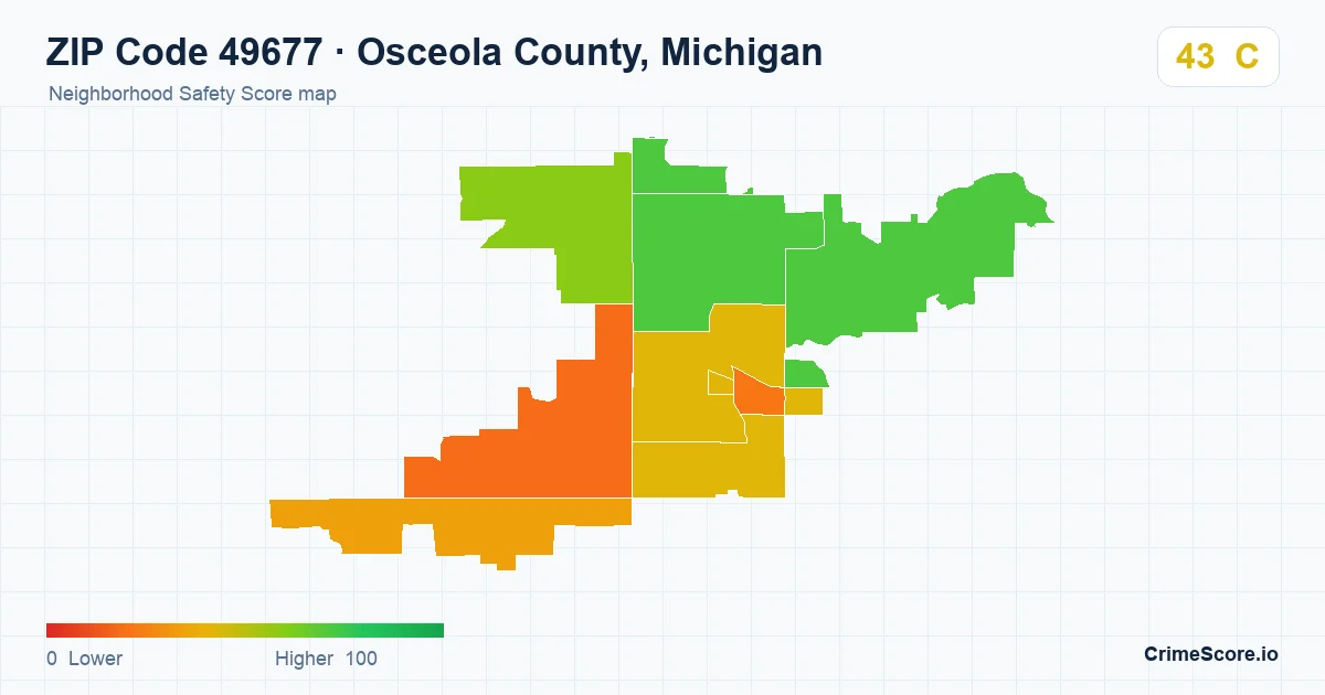 ZIP Code 49677 in Osceola County, Michigan neighborhood Safety Score map
