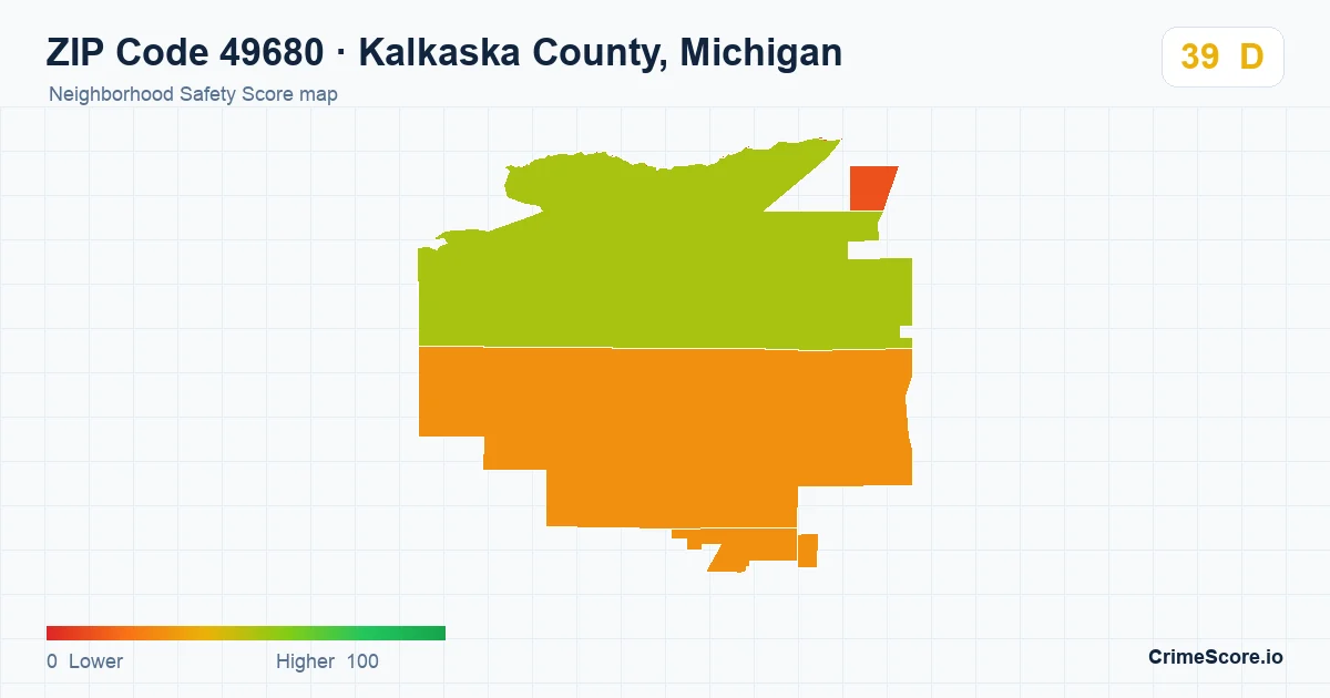 ZIP Code 49680 in Kalkaska County, Michigan neighborhood Safety Score map