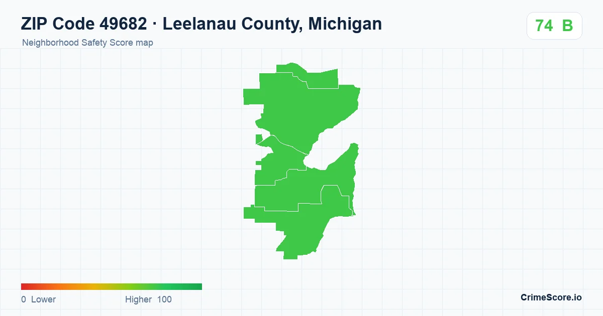 ZIP Code 49682 in Leelanau County, Michigan neighborhood Safety Score map