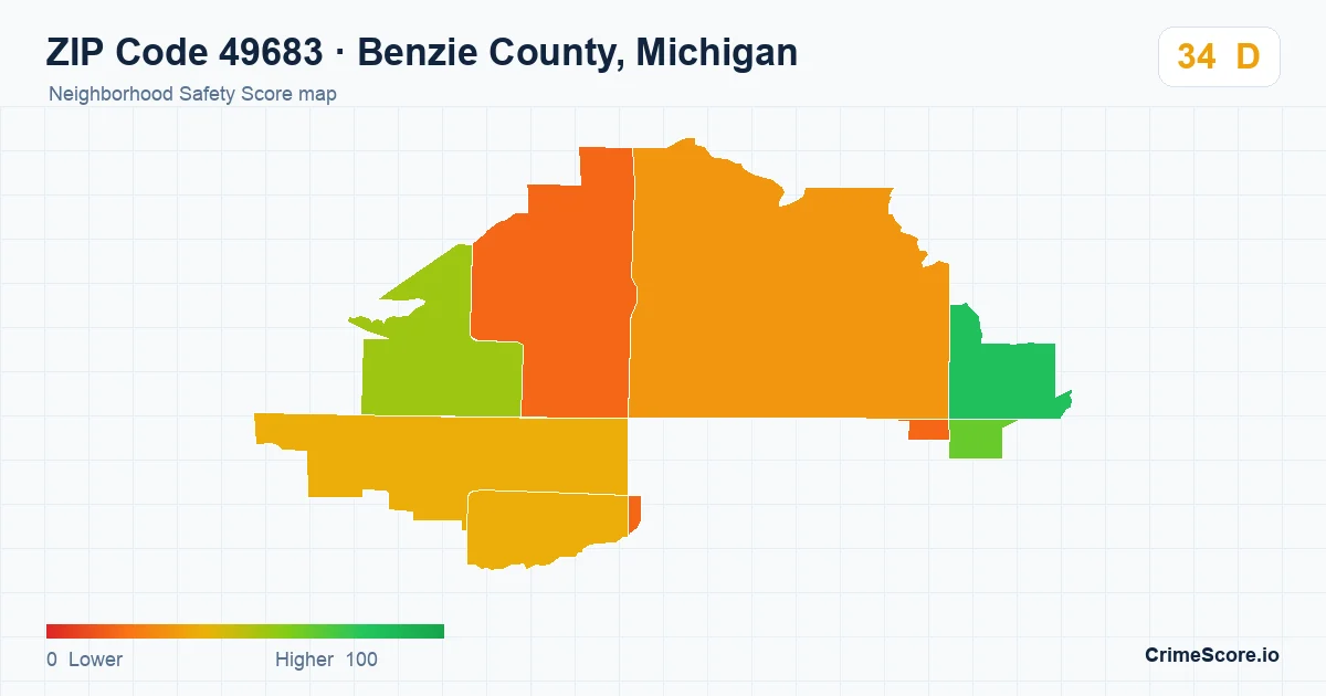 ZIP Code 49683 in Benzie County, Michigan neighborhood Safety Score map