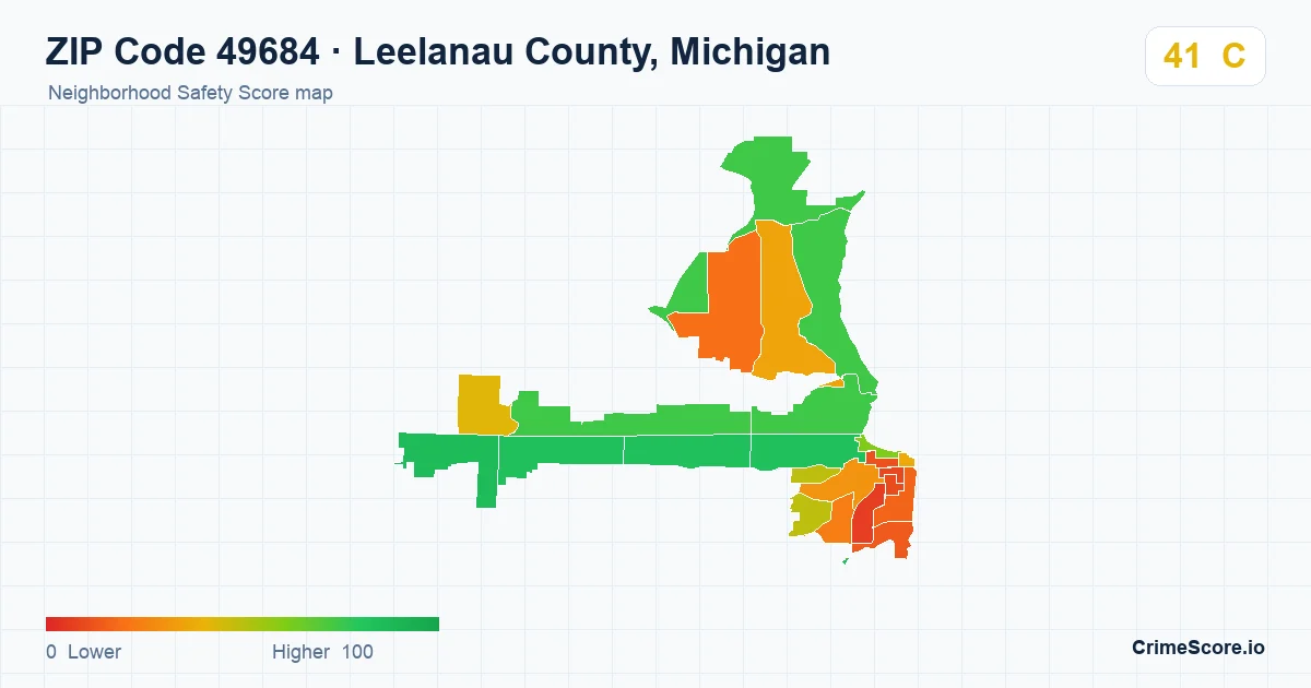 ZIP Code 49684 in Leelanau County, Michigan neighborhood Safety Score map