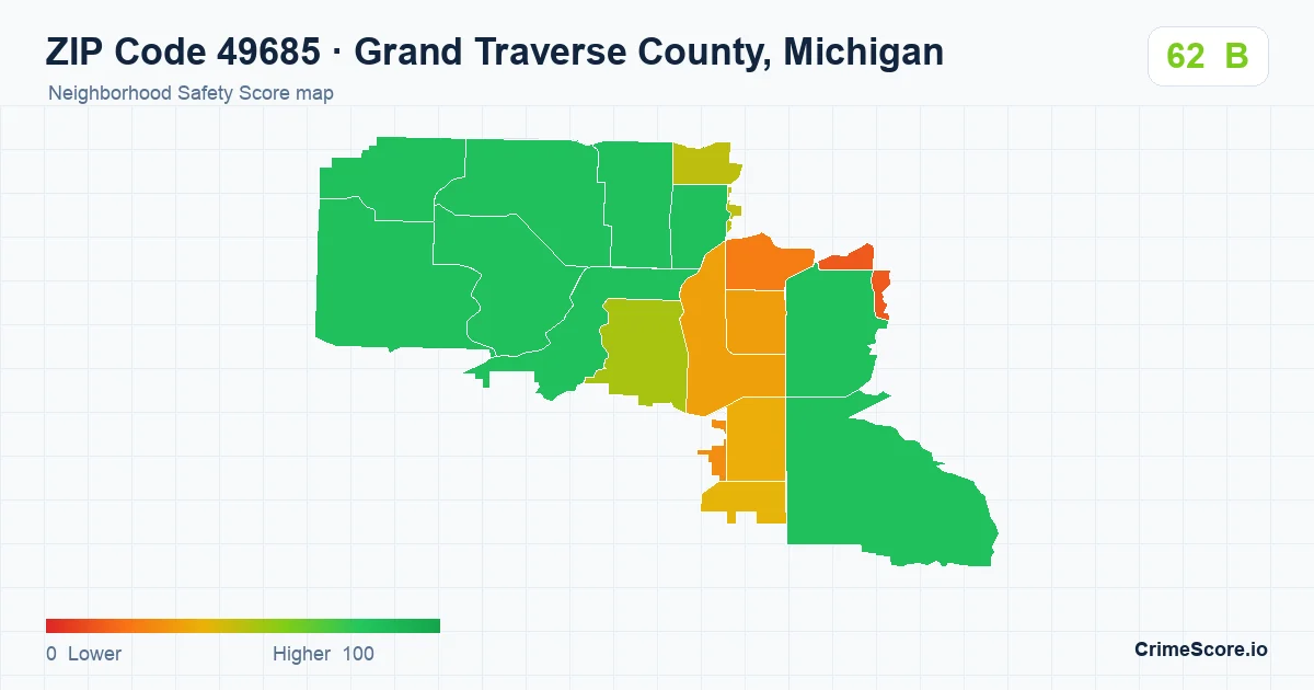 ZIP Code 49685 in Grand Traverse County, Michigan neighborhood Safety Score map