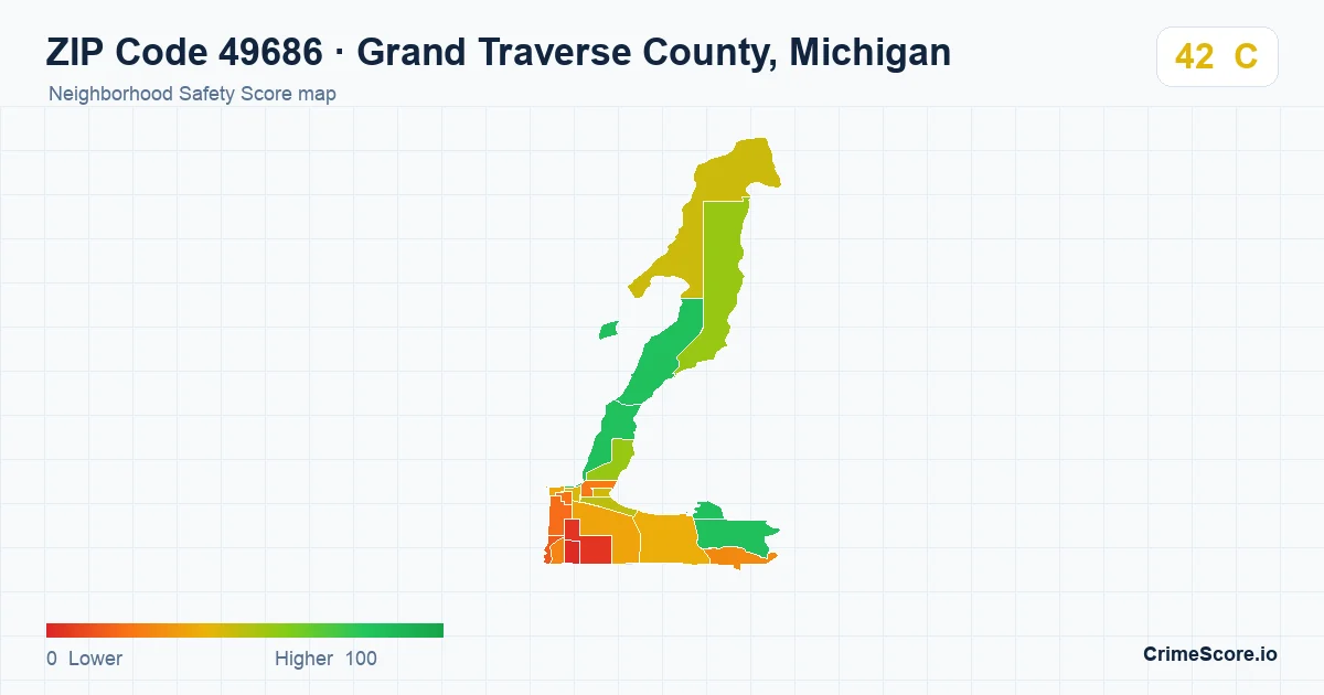 ZIP Code 49686 in Grand Traverse County, Michigan neighborhood Safety Score map