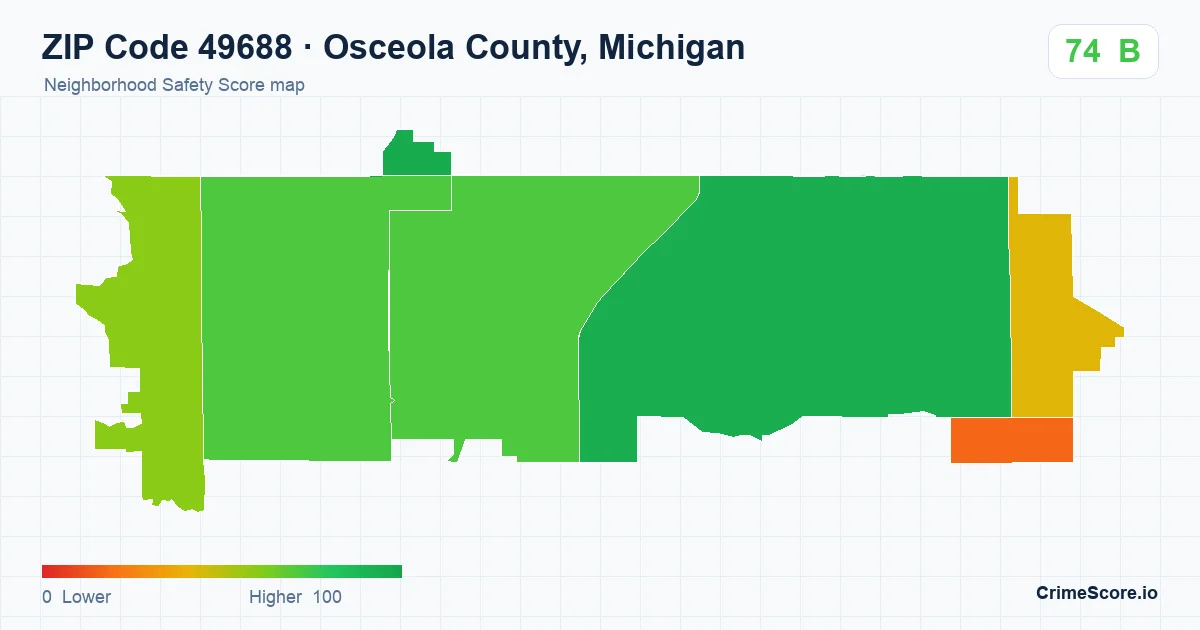 ZIP Code 49688 in Osceola County, Michigan neighborhood Safety Score map