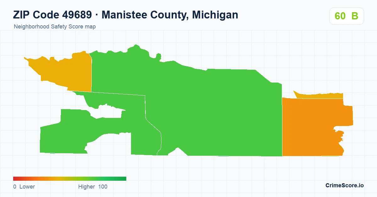 ZIP Code 49689 in Manistee County, Michigan neighborhood Safety Score map