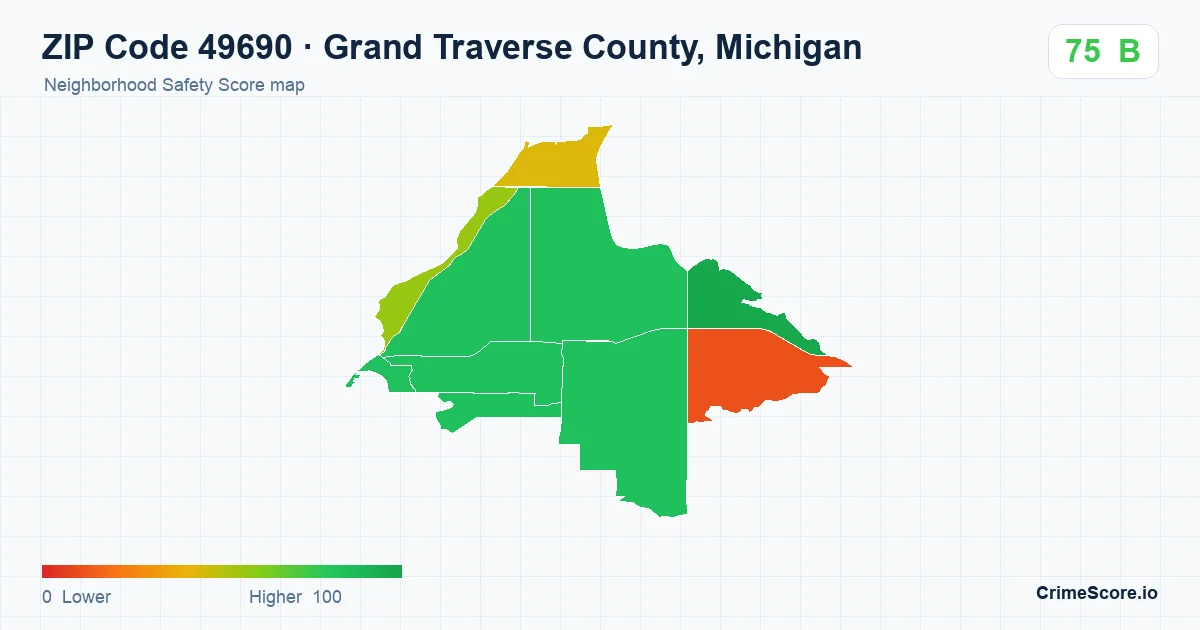 ZIP Code 49690 in Grand Traverse County, Michigan neighborhood Safety Score map