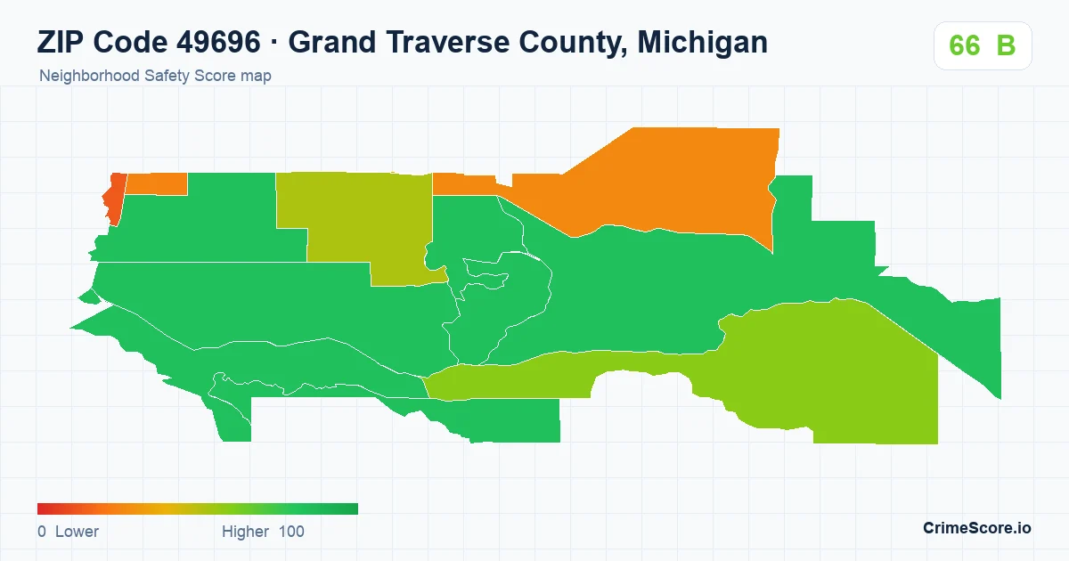 ZIP Code 49696 in Grand Traverse County, Michigan neighborhood Safety Score map