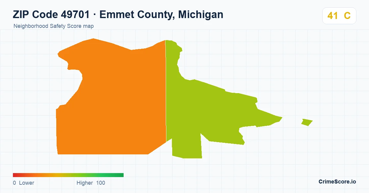 ZIP Code 49701 in Emmet County, Michigan neighborhood Safety Score map