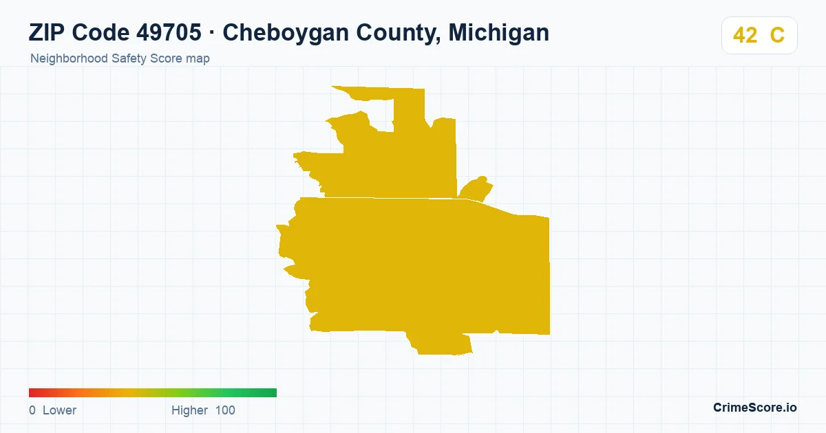 ZIP Code 49705 in Cheboygan County, Michigan neighborhood Safety Score map