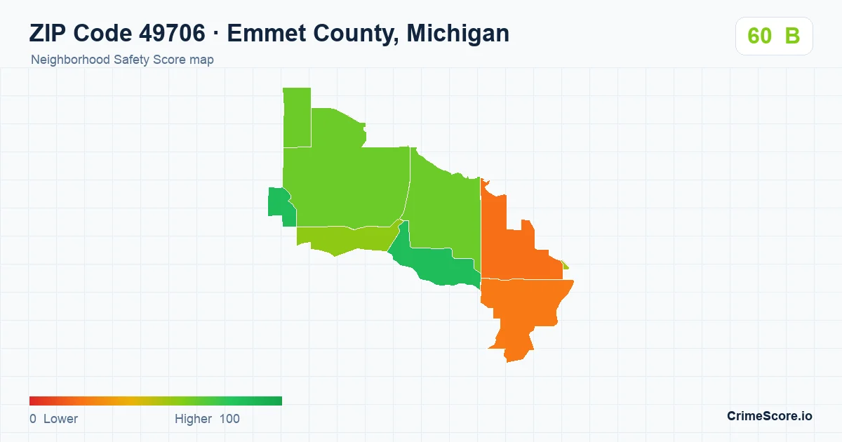 ZIP Code 49706 in Emmet County, Michigan neighborhood Safety Score map