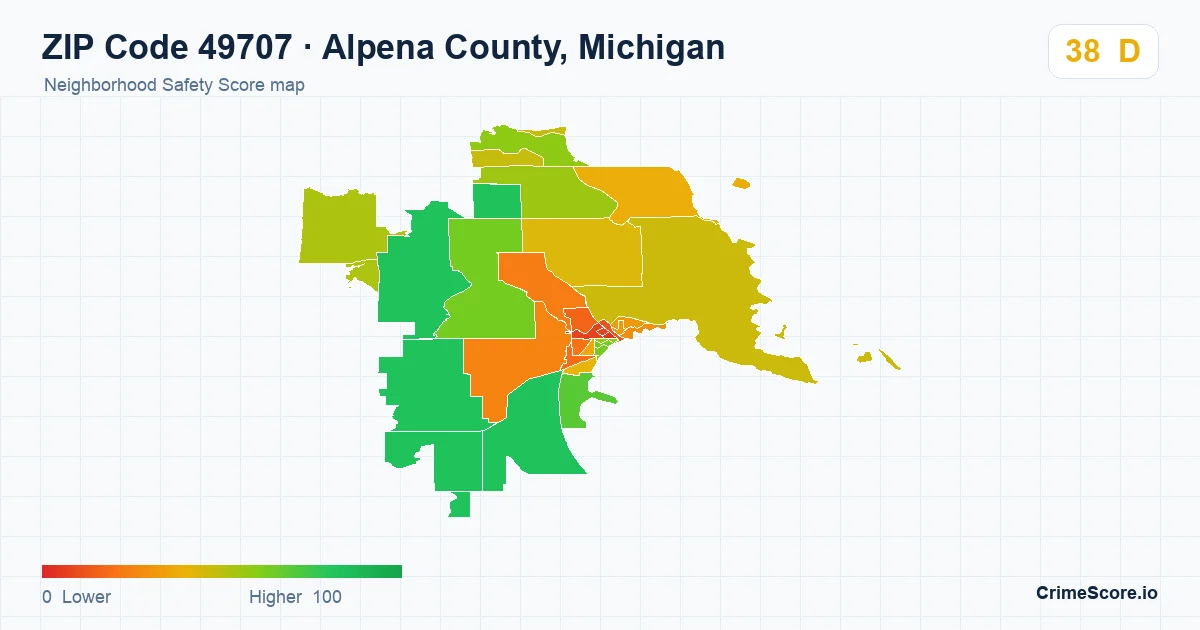 ZIP Code 49707 in Alpena County, Michigan neighborhood Safety Score map