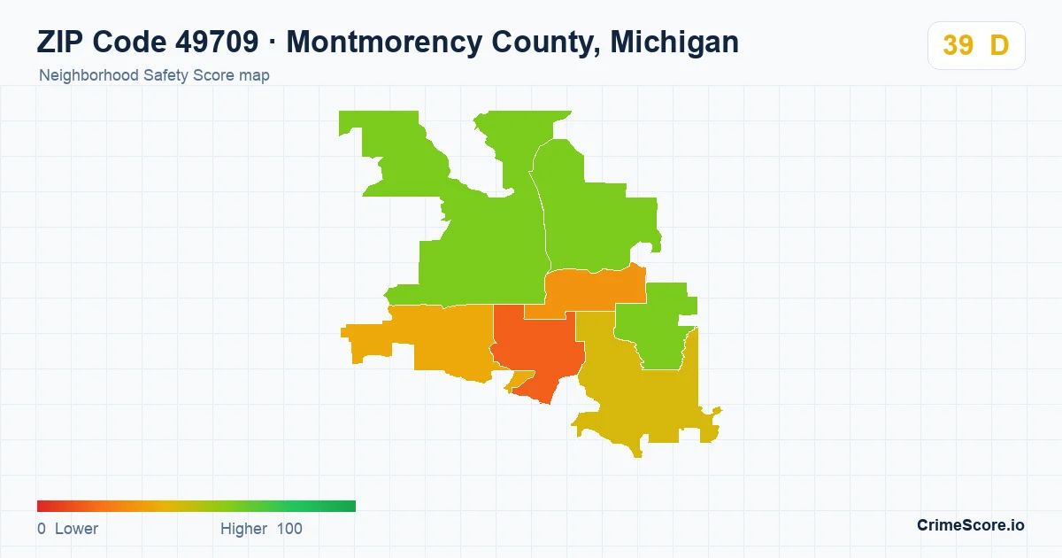 ZIP Code 49709 in Montmorency County, Michigan neighborhood Safety Score map