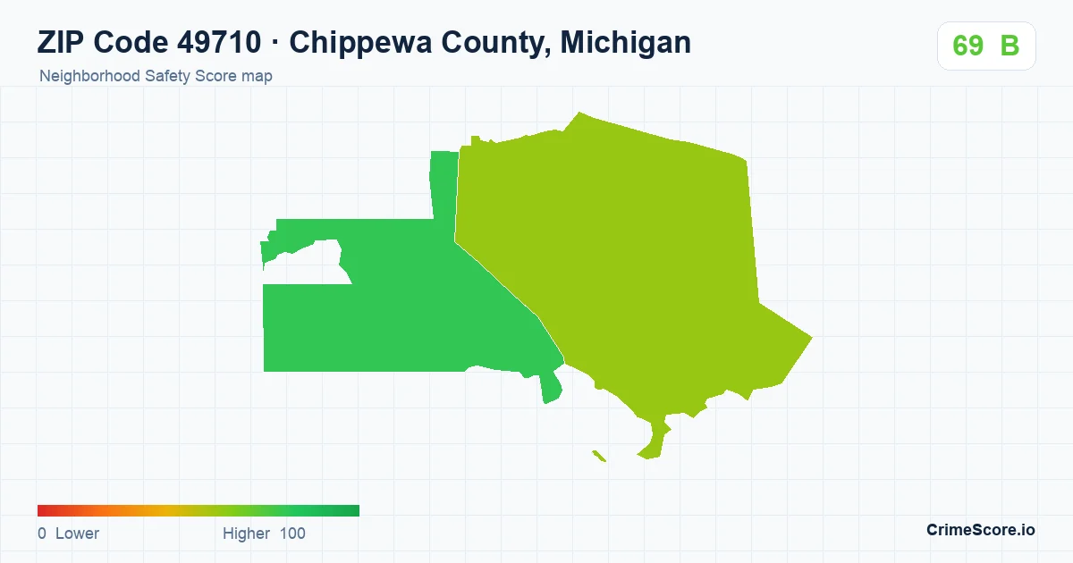 ZIP Code 49710 in Chippewa County, Michigan neighborhood Safety Score map