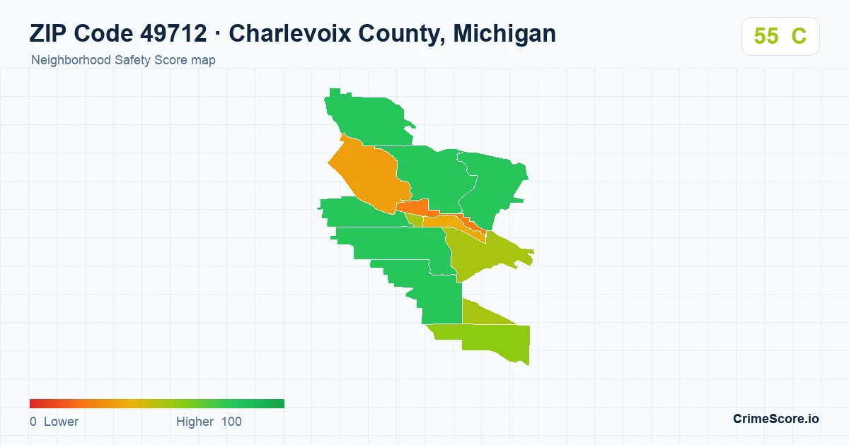 ZIP Code 49712 in Charlevoix County, Michigan neighborhood Safety Score map
