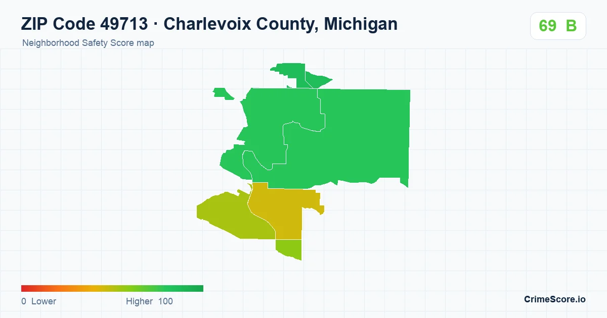 ZIP Code 49713 in Charlevoix County, Michigan neighborhood Safety Score map