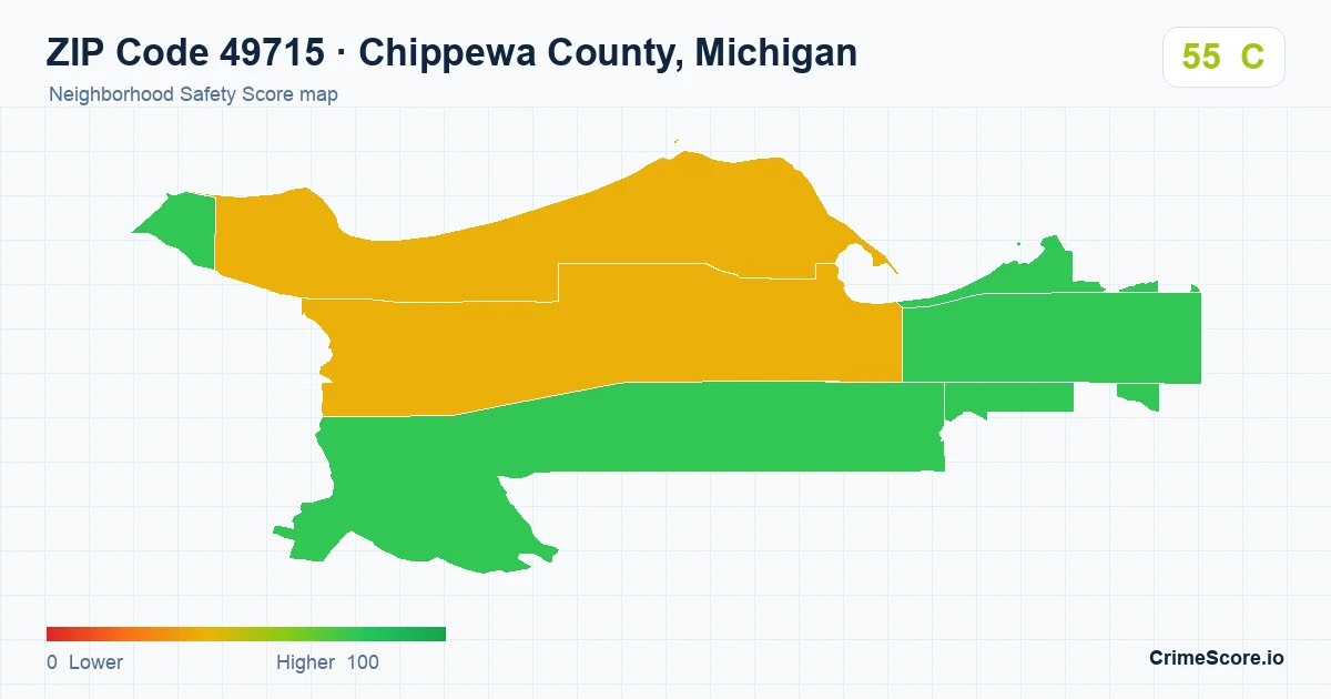 ZIP Code 49715 in Chippewa County, Michigan neighborhood Safety Score map