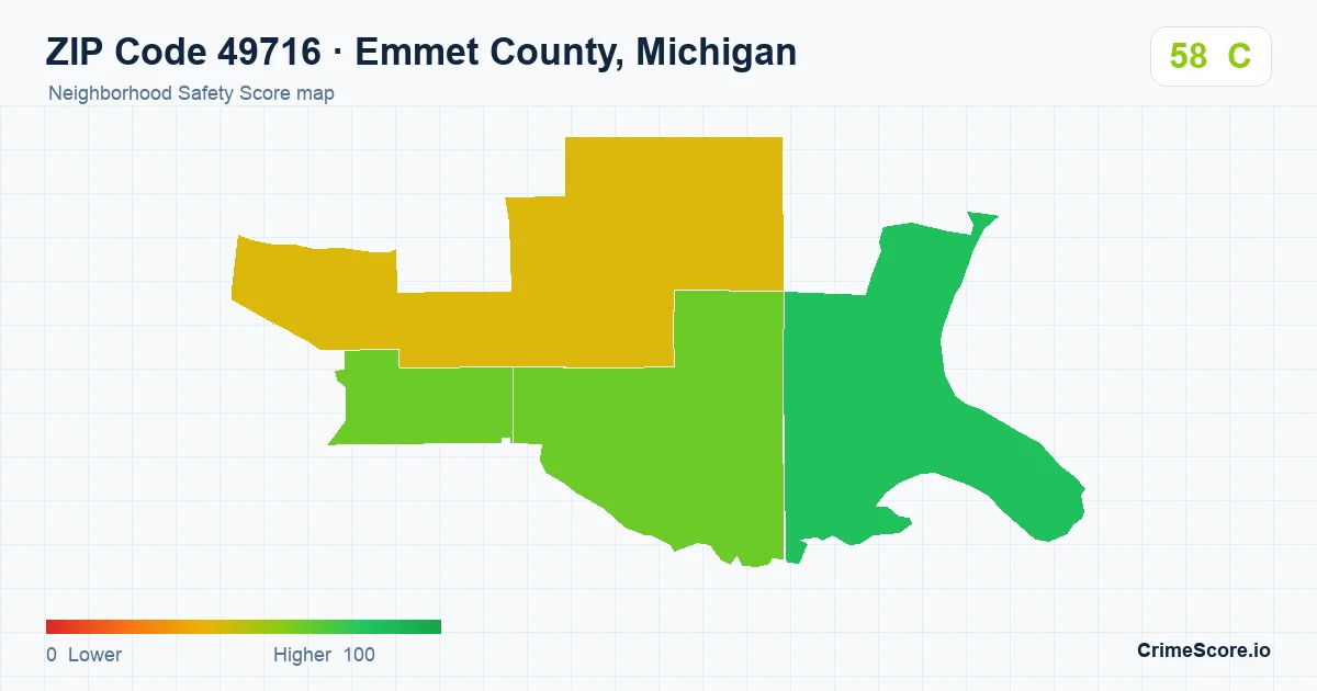 ZIP Code 49716 in Emmet County, Michigan neighborhood Safety Score map