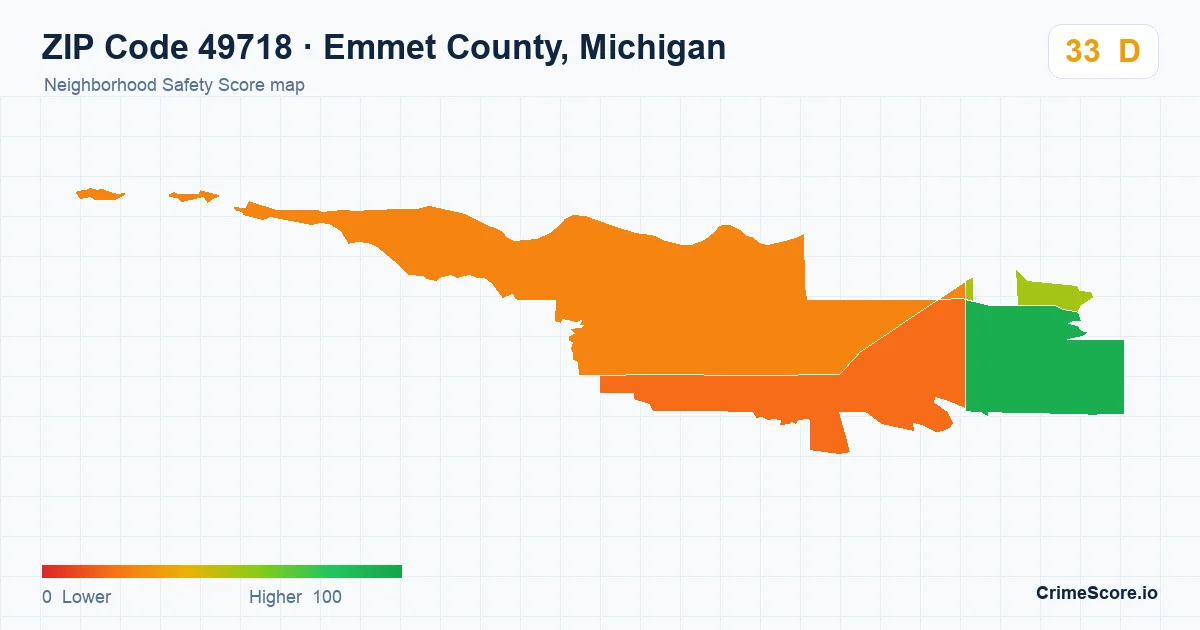 ZIP Code 49718 in Emmet County, Michigan neighborhood Safety Score map