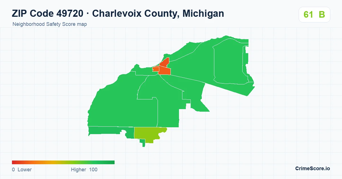 ZIP Code 49720 in Charlevoix County, Michigan neighborhood Safety Score map