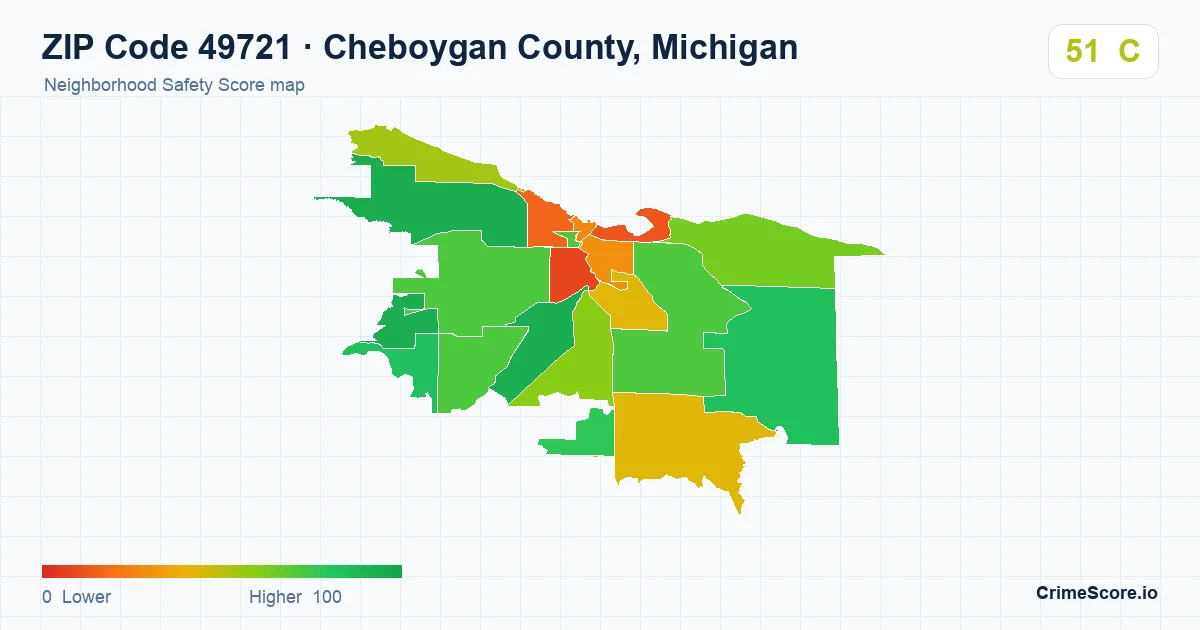ZIP Code 49721 in Cheboygan County, Michigan neighborhood Safety Score map