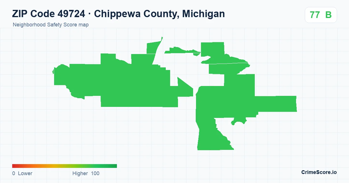 ZIP Code 49724 in Chippewa County, Michigan neighborhood Safety Score map