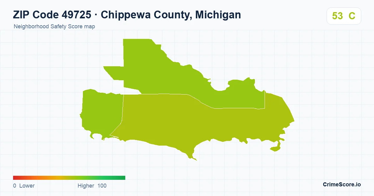 ZIP Code 49725 in Chippewa County, Michigan neighborhood Safety Score map
