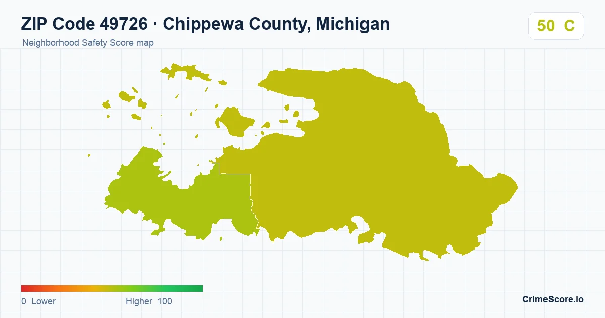 ZIP Code 49726 in Chippewa County, Michigan neighborhood Safety Score map
