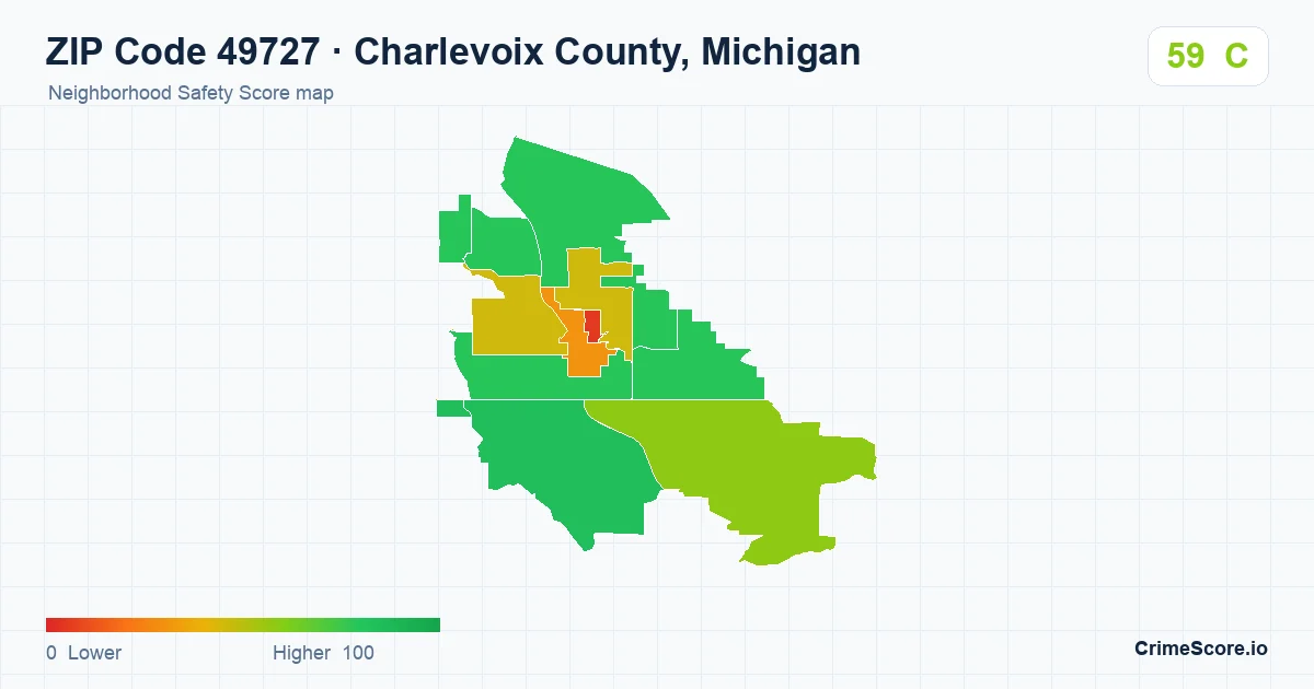 ZIP Code 49727 in Charlevoix County, Michigan neighborhood Safety Score map