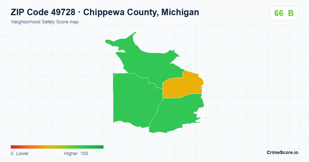 ZIP Code 49728 in Chippewa County, Michigan neighborhood Safety Score map