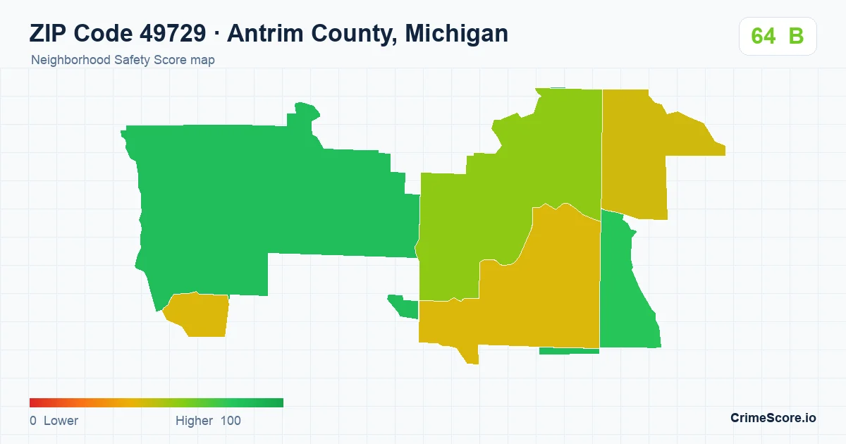 ZIP Code 49729 in Antrim County, Michigan neighborhood Safety Score map
