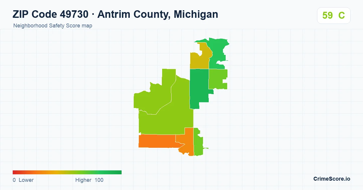 ZIP Code 49730 in Antrim County, Michigan neighborhood Safety Score map