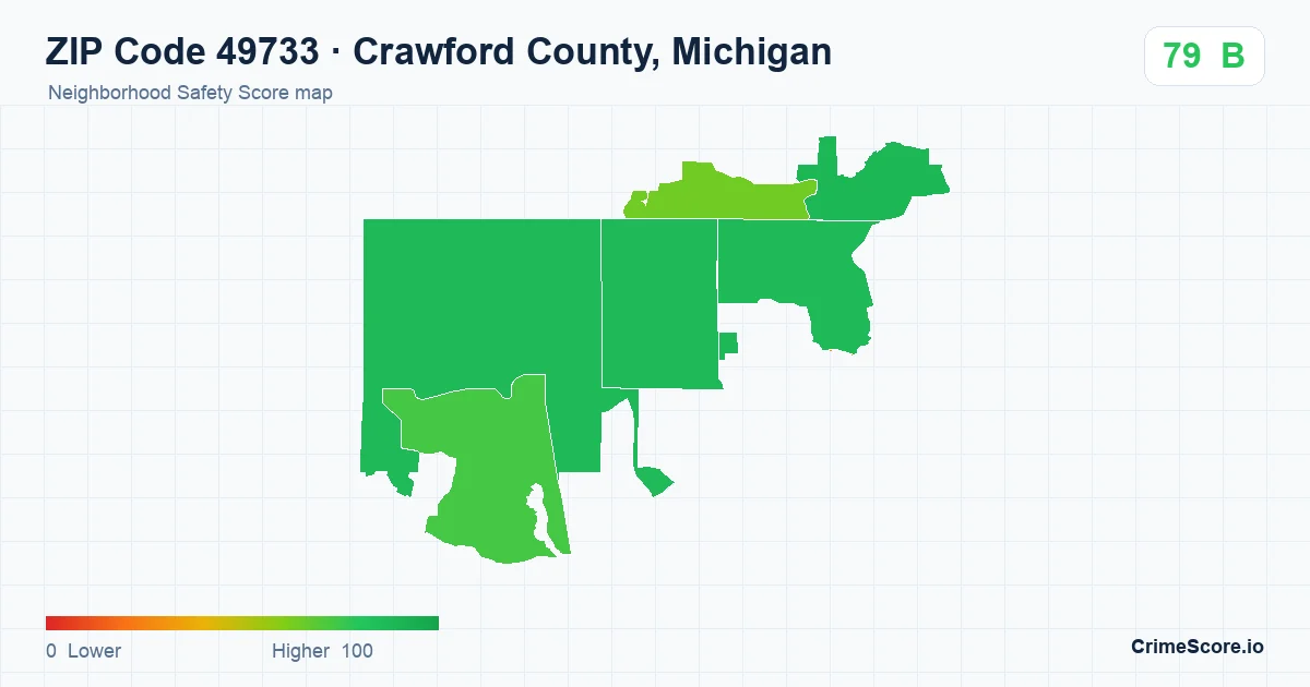 ZIP Code 49733 in Crawford County, Michigan neighborhood Safety Score map