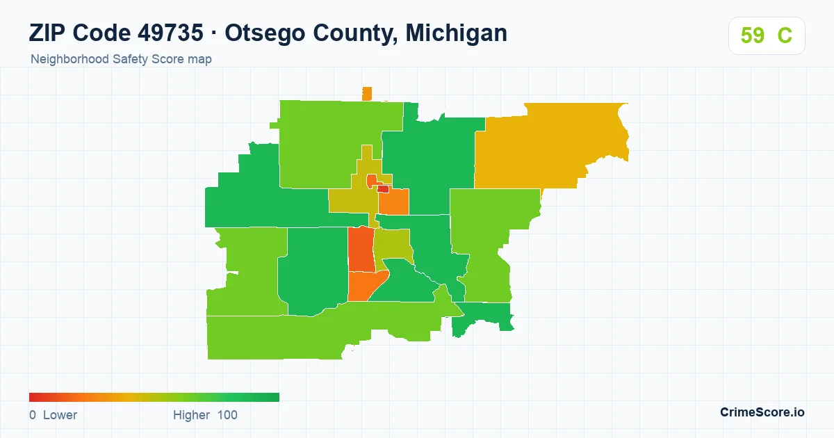 ZIP Code 49735 in Otsego County, Michigan neighborhood Safety Score map