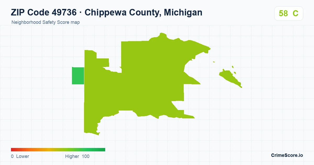 ZIP Code 49736 in Chippewa County, Michigan neighborhood Safety Score map