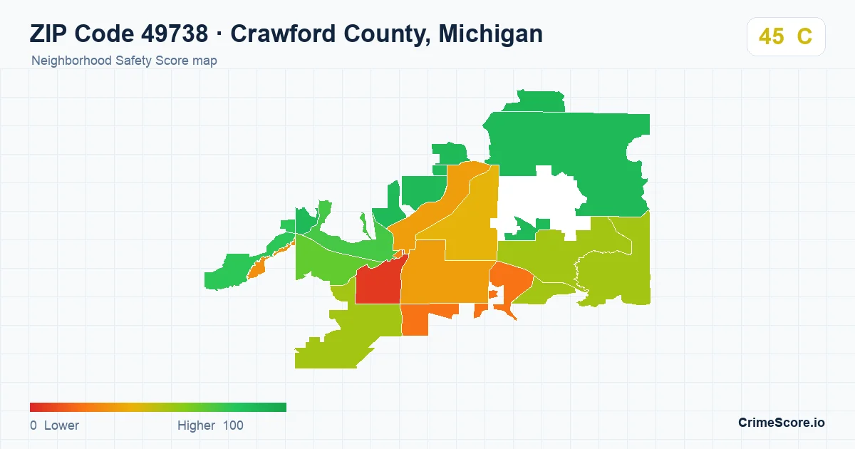 ZIP Code 49738 in Crawford County, Michigan neighborhood Safety Score map