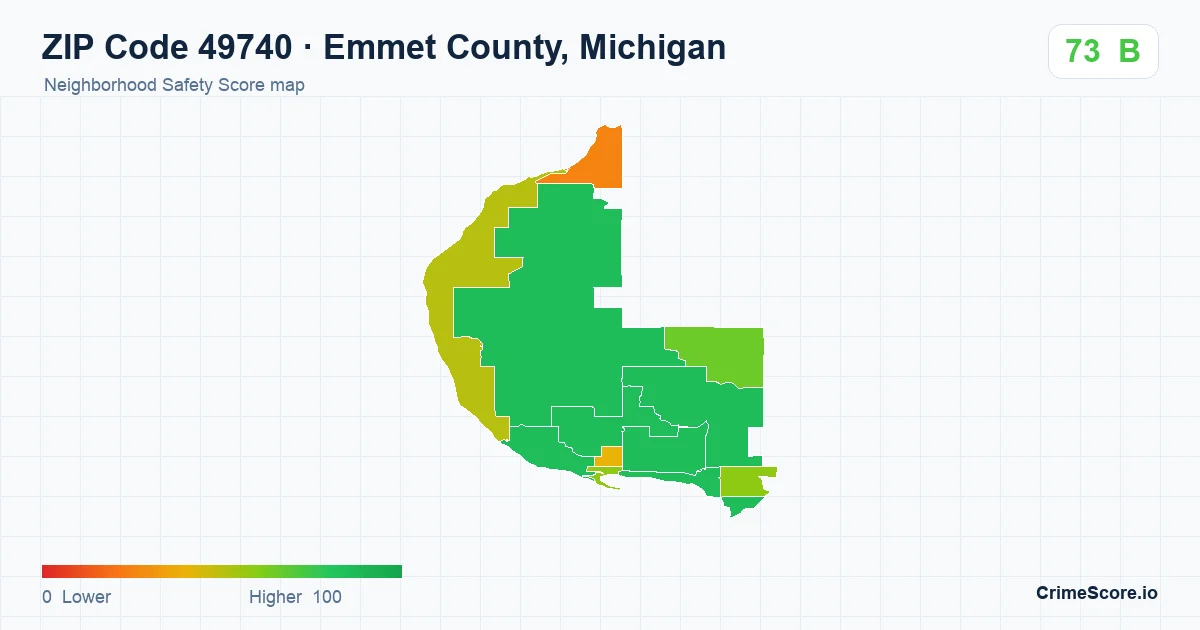 ZIP Code 49740 in Emmet County, Michigan neighborhood Safety Score map