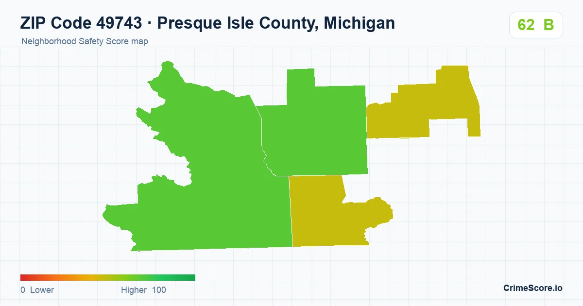 ZIP Code 49743 in Presque Isle County, Michigan neighborhood Safety Score map