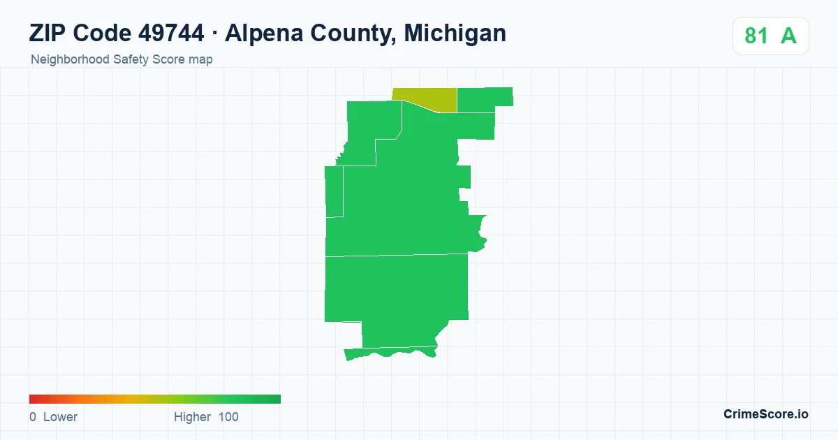 ZIP Code 49744 in Alpena County, Michigan neighborhood Safety Score map
