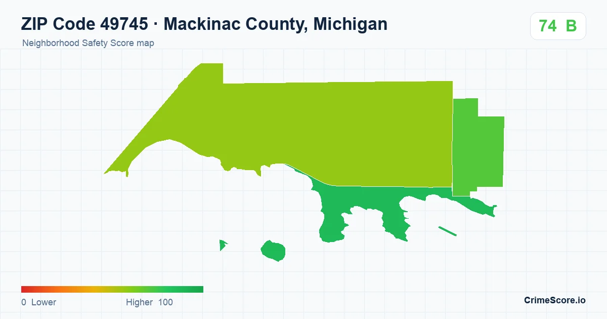 ZIP Code 49745 in Mackinac County, Michigan neighborhood Safety Score map
