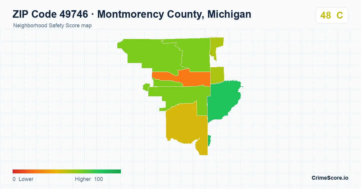 ZIP Code 49746 in Montmorency County, Michigan neighborhood Safety Score map