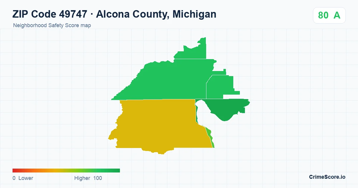 ZIP Code 49747 in Alcona County, Michigan neighborhood Safety Score map