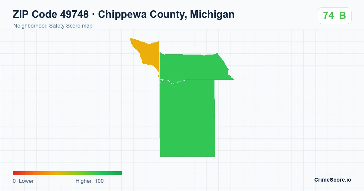 ZIP Code 49748 in Chippewa County, Michigan neighborhood Safety Score map